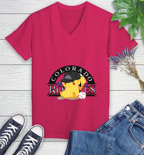 MLB Pikachu Baseball Sports Colorado Rockies Women's V-Neck T-Shirt 9