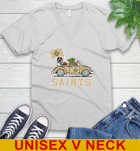 NFL Football New Orleans Saints Darth Vader Baby Yoda Driving Star Wars Shirt V-Neck T-Shirt
