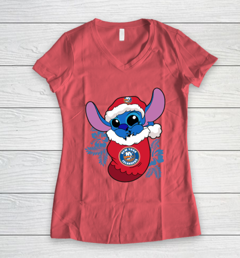 New York Islanders Christmas Stitch In The Sock Funny Disney NHL Women's V-Neck T-Shirt 6