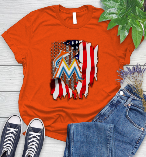 Miami Marlins MLB Baseball American Flag Women's T-Shirt 3