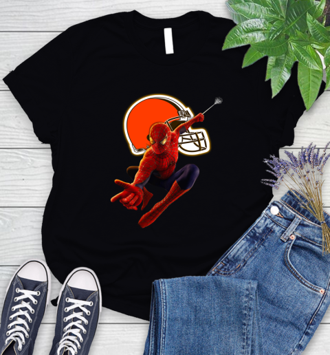 NFL Spider Man Avengers Endgame Football Cleveland Browns Women's T-Shirt 2