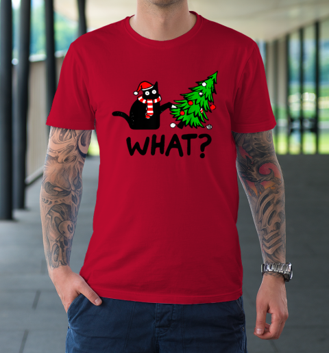 Funny Black Cat Gift Pushing Christmas Tree Over Cat What T-Shirt 14