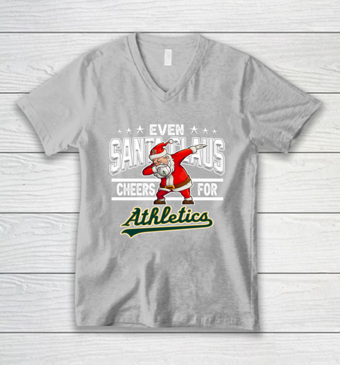 Oakland Athletics Even Santa Claus Cheers For Christmas MLB V-Neck T-Shirt 3