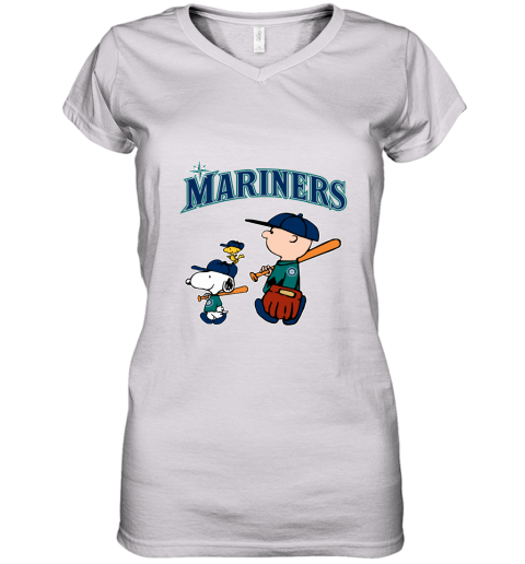 Seatlle Mariners Let's Play Baseball Together Snoopy MLB Women's V-Neck T-Shirt