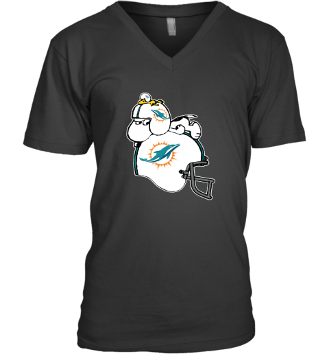Snoopy And Woodstock Resting On Minami Dolphins Helmet V-Neck T-Shirt