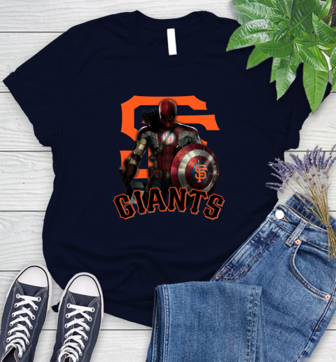 MLB Captain America Thor Spider Man Hawkeye Avengers Endgame Baseball San Francisco Giants Women's T-Shirt 3
