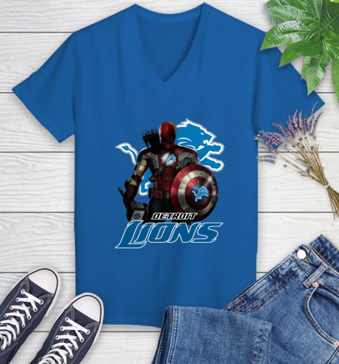 NFL Captain America Thor Spider Man Hawkeye Avengers Endgame Football Detroit Lions Women's V-Neck T-Shirt 10