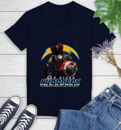 NFL Captain America Thor Spider Man Hawkeye Avengers Endgame Football San Diego Chargers Women's V-Neck T-Shirt 3