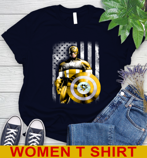 Pittsburgh Penguins NHL Hockey Captain America Marvel Avengers American Flag Shirt Women's T-Shirt 2