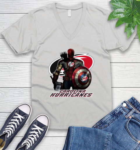 NHL Captain America Thor Spider Man Hawkeye Avengers Endgame Hockey Carolina Hurricanes V-Neck T-Shirt