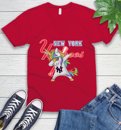 New York Yankees MLB Baseball Funny Unicorn Dabbing Sports V-Neck T-Shirt 8