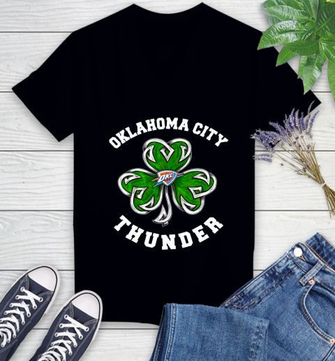 NBA Oklahoma City Thunder Three Leaf Clover St Patrick's Day Basketball Sports Women's V-Neck T-Shirt