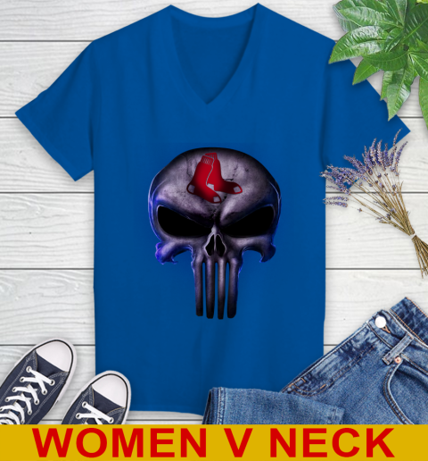Boston Red Sox MLB Baseball Punisher Skull Sports Women's V-Neck T-Shirt 9