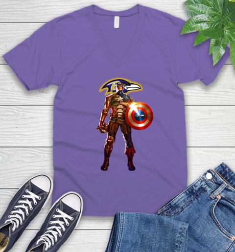 NFL Captain America Marvel Avengers Endgame Football Sports Baltimore Ravens V-Neck T-Shirt 10
