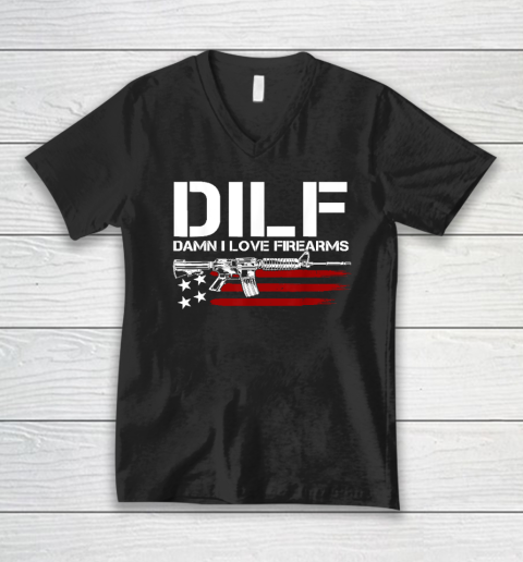 Gun American Flag DILF  Damn I Love Firearms V-Neck T-Shirt