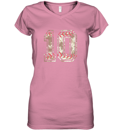 ct61 baseball jersey number 10 vintage distressed women v neck t shirt 39 front azalea