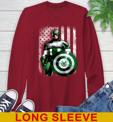 Milwaukee Bucks NBA Basketball Captain America Marvel Avengers American Flag Shirt Long Sleeve T-Shirt 9