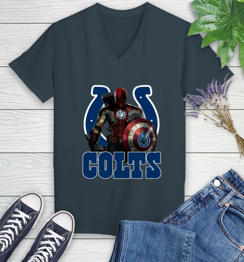 NFL Captain America Thor Spider Man Hawkeye Avengers Endgame Football Indianapolis Colts Women's V-Neck T-Shirt 8