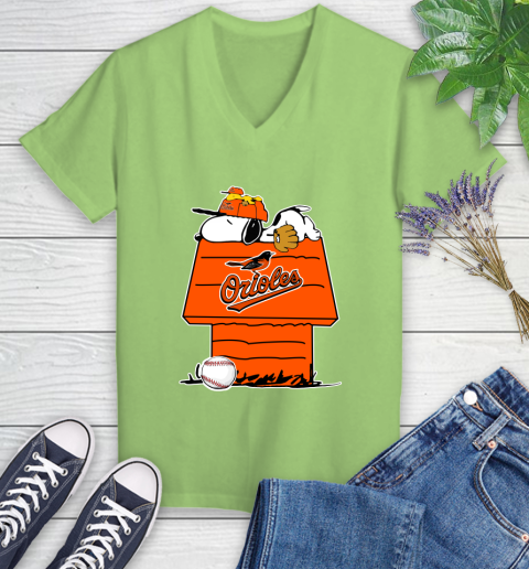 MLB Baltimore Orioles Snoopy Woodstock The Peanuts Movie Baseball T Shirt Women's V-Neck T-Shirt 11