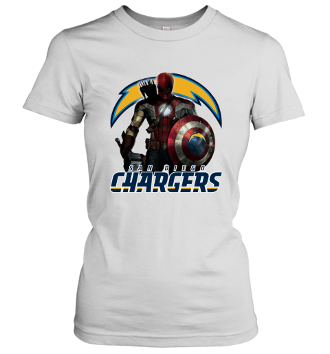 NFL Captain America Thor Spider Man Hawkeye Avengers Endgame Football San Diego Chargers Women's T-Shirt