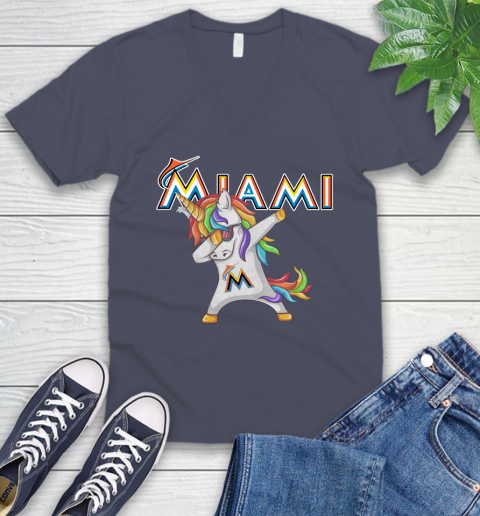 Miami Marlins MLB Baseball Funny Unicorn Dabbing Sports V-Neck T-Shirt 9