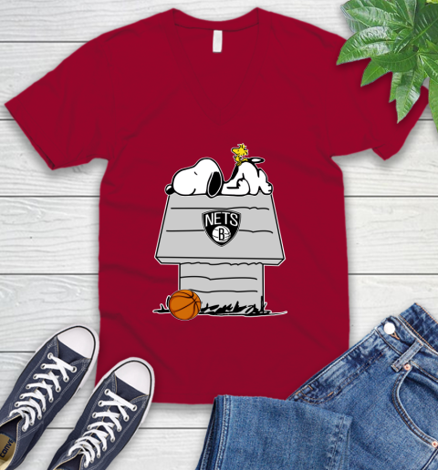 Brooklyn Nets NBA Basketball Snoopy Woodstock The Peanuts Movie V-Neck T-Shirt 8