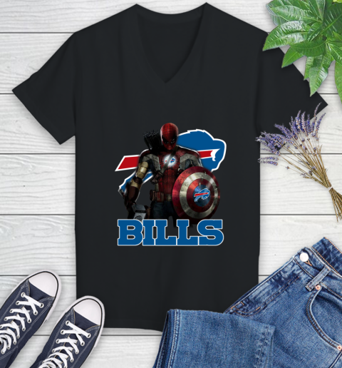 NFL Captain America Thor Spider Man Hawkeye Avengers Endgame Football Buffalo Bills Women's V-Neck T-Shirt 2