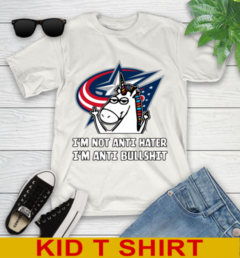 Columbus Blue Jackets NHL Hockey Unicorn I'm Not Anti Hater I'm Anti Bullshit Youth T-Shirt