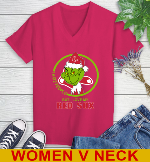 Boston Red Sox MLB Christmas Grinch I Hate People But I Love My Favorite Baseball Team Women's V-Neck T-Shirt 10