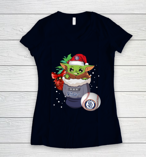 San Diego Padres Christmas Baby Yoda Star Wars Funny Happy MLB Women's V-Neck T-Shirt 3