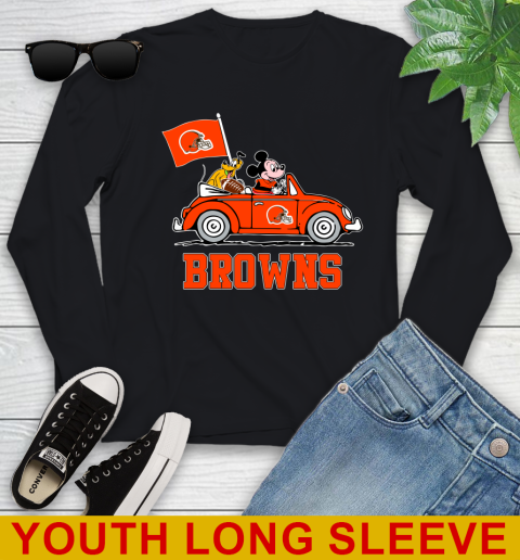 NFL Football Cleveland Browns Pluto Mickey Driving Disney Shirt Youth Long Sleeve 2