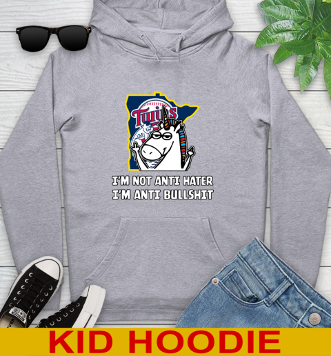 Minnesota Twins MLB Baseball Unicorn I'm Not Anti Hater I'm Anti Bullshit Youth Hoodie 6