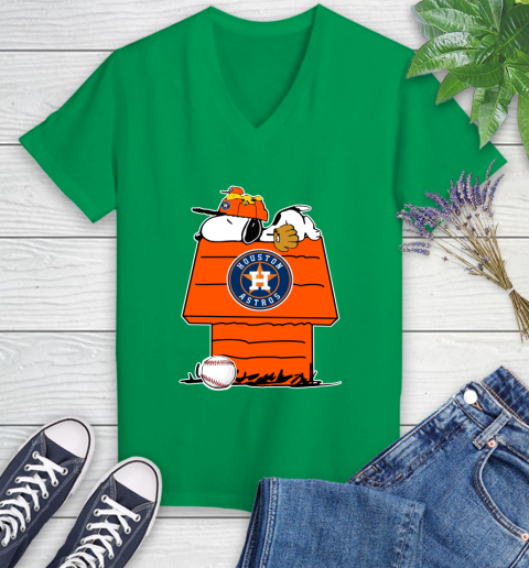 MLB Houston Astros Snoopy Woodstock The Peanuts Movie Baseball T Shirt Women's V-Neck T-Shirt 5