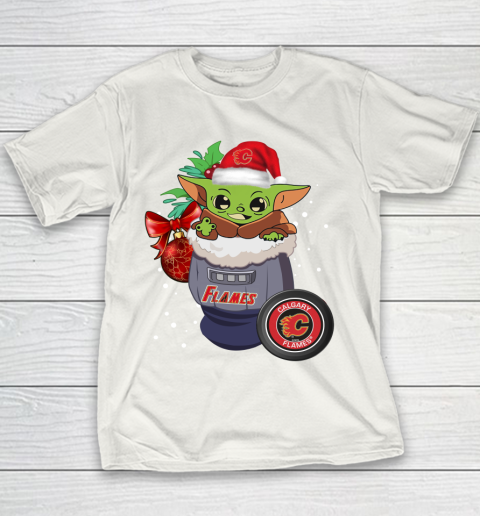 Calgary Flames Christmas Baby Yoda Star Wars Funny Happy NHL Youth T-Shirt 3