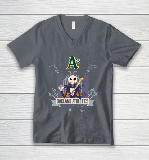 MLB Oakland Athletics Baseball Jack Skellington Halloween V-Neck T-Shirt 4