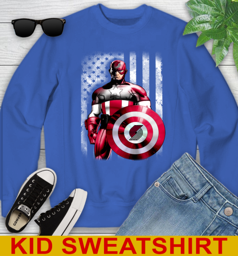 Portland Trail Blazers NBA Basketball Captain America Marvel Avengers American Flag Shirt Youth Sweatshirt 6