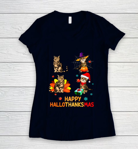 Cat Halloween Thanksgiving Christmas Happy Hallothanksmas Women's V-Neck T-Shirt 2