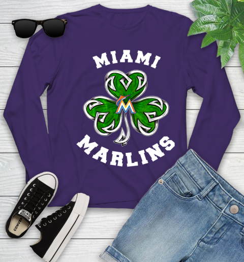 MLB Miami Marlins Three Leaf Clover St Patrick's Day Baseball Sports Youth Long Sleeve 4