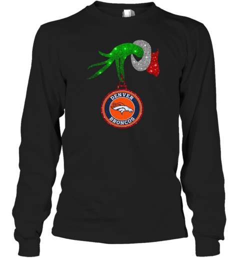 Grinch Hand Holding Denver Broncos Christmas T Long Sleeve T-Shirt