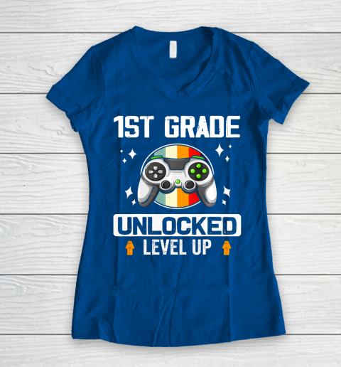 Next Level t shirts 1st Grade Unlocked Level Up Back To School First Grade Gamer Women's V-Neck T-Shirt 7