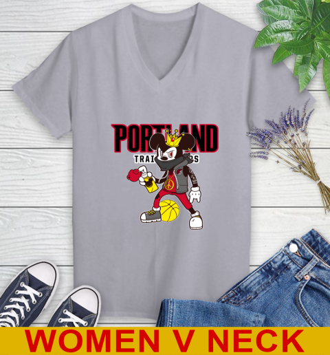 Portland Trail Blazers NBA Basketball Mickey Peace Sign Sports Women's V-Neck T-Shirt 5