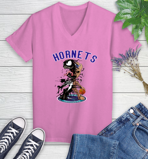NBA Charlotte Hornets Basketball Venom Groot Guardians Of The Galaxy Women's V-Neck T-Shirt 14