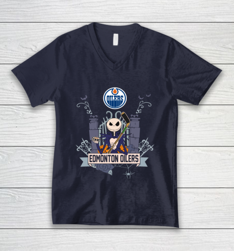 NHL Edmonton Oilers Hockey Jack Skellington Halloween V-Neck T-Shirt 2