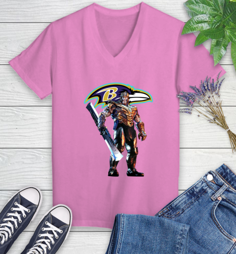 NFL Thanos Gauntlet Avengers Endgame Football Baltimore Ravens Women's V-Neck T-Shirt 14