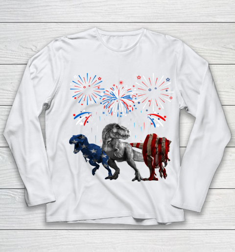 4th Of July Dinosaur T Rex American Flag Fireworks Youth Long Sleeve