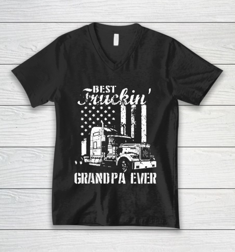 Grandpa Funny Gift Apparel  Best Truckin' Grandpa Ever Flag Father's Day V-Neck T-Shirt