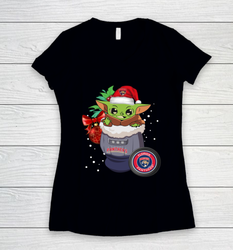 Florida Panthers Christmas Baby Yoda Star Wars Funny Happy NHL Women's V-Neck T-Shirt