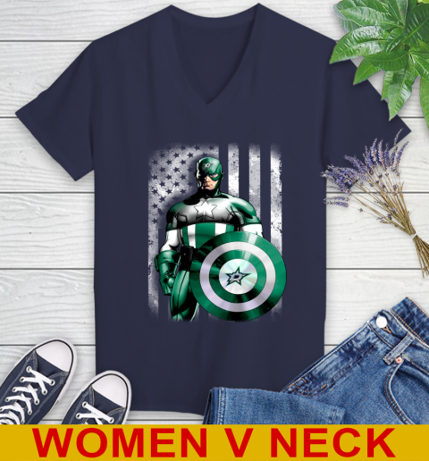 Dallas Stars NHL Hockey Captain America Marvel Avengers American Flag Shirt Women's V-Neck T-Shirt 12