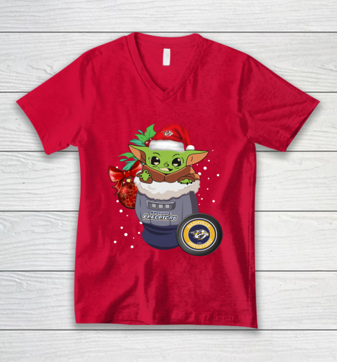 Nashville Predators Christmas Baby Yoda Star Wars Funny Happy NHL V-Neck T-Shirt 7