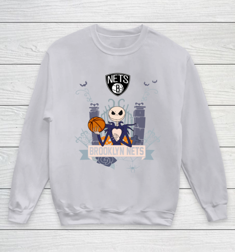 NBA Brooklyn Nets Basketball Jack Skellington Halloween Youth Sweatshirt 3